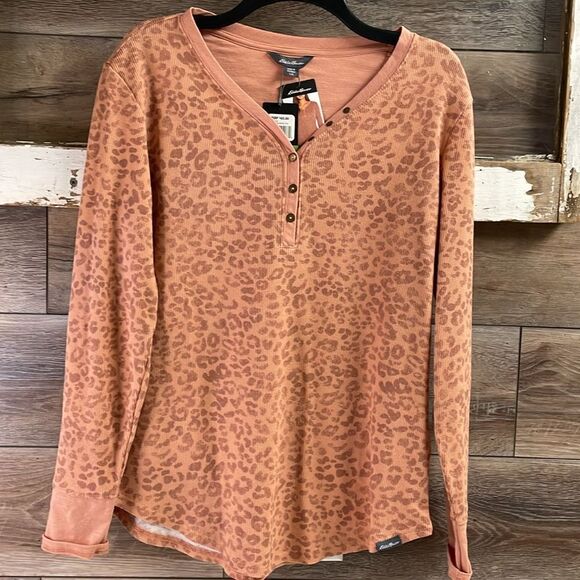 EDDIE BAUER Ladies Thermal Henley Shirt Top Autumn Rose Cheetah Size Large NWT - Picture 6 of 12
